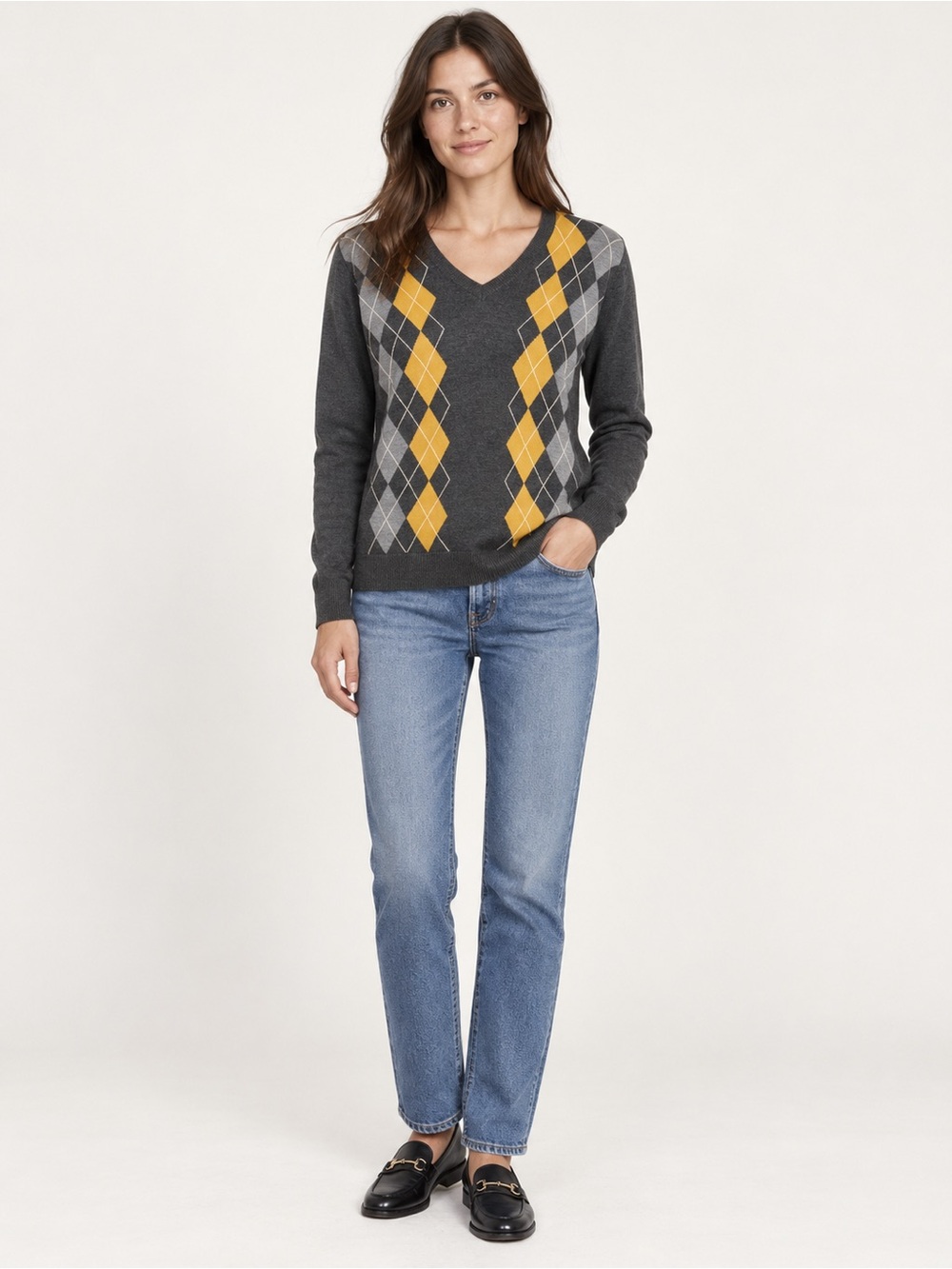 Uniqlo Gray Yellow Argyle Wool Blend V-Neck Sweater L